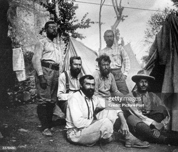 English author, occultist, magician and mountaineer Aleister Crowley with companions during an expedition. Original Publication: Picture Post - 8183...