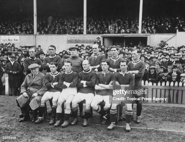 The Welsh national football team ready to face England in Cardiff. The team comprises of Peers in goal, Millership and Moses Russell as backs, Fred...