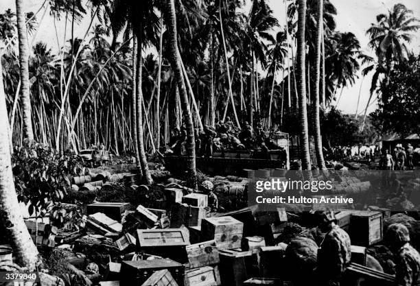 An amphibious vehicle brings supplies to the American troops on the island of Rendova in the Solomon Islands after the American surprise attack in...