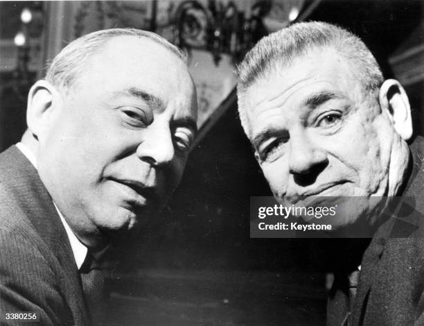 Richard Rodgers and Oscar Hammerstein in London to promote their new show 'Flower Drum Show'.