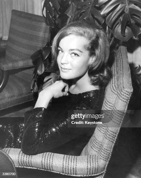 Austrian film actress Romy Schneider at a cocktail party held for her at the Beverly Hills Hotel, hosted by Columbia Studio head Sol Schwartz.