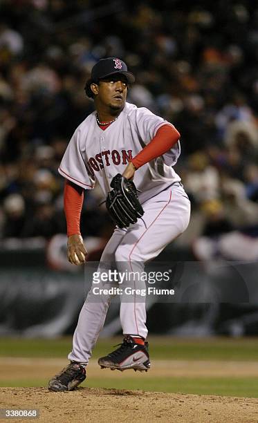 Pitcher Pedro Martinez of the Boston Red Sox on the mound during the game against the Baltimore Orioles on April 4, 2004 at Camden Yards in...
