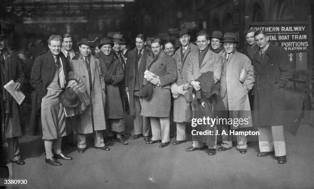 Oxford University football team at Victoria Station, London ready to leave for the Continent to play matches in Belgium, Austria and Czechoslovakia.