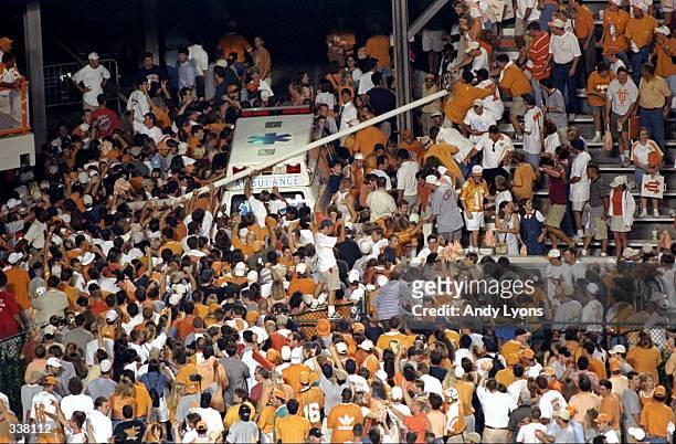 General view of fans taking down the goalposts following a game between the Tennessee Volunteers and the Florida Gators at the Neyland Stadium in...