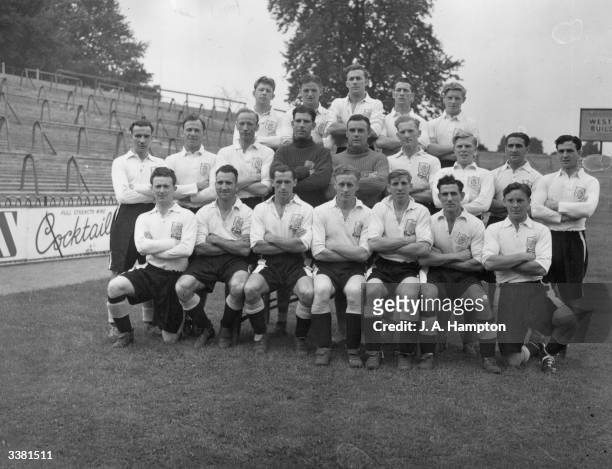 The players of Fulham Football Club, from left to right, starting from the back row : B Brown, W Hinchlewood, E Lowe, T Harris, R Dwight, H Freeman,...