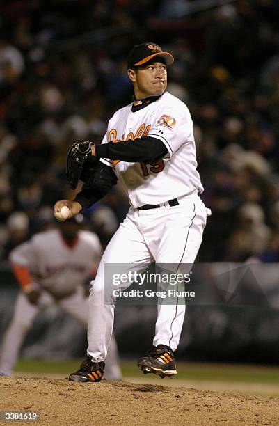 Pitcher Rodrigo Lopez of the Baltimore Orioles on the mound during the game against the Boston Red Sox on April 4, 2004 at Camden Yards in Baltimore,...