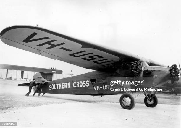 Aviator Sir Charles Kingsford Smith's Fokker aircraft, the Southern Cross, on arrival at Croydon after flying from Australia.