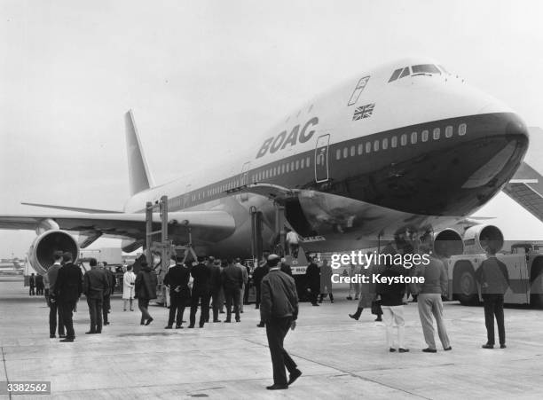 The first Boeing 747 to be operated by the British Overseas Airways Corporation arrives at London's Heathrow Airport, London, 23rd May 1970.