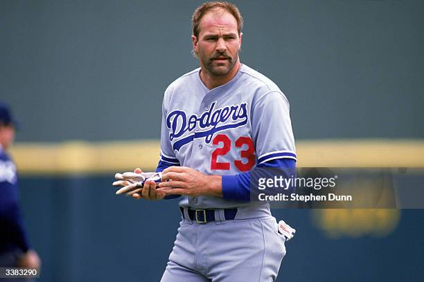 Outfielder Kirk Gibson of the Los Angeles Dodgers with his helmet off during a 1988 season game against the San Diego Padres at Jack Murphy Stadium...