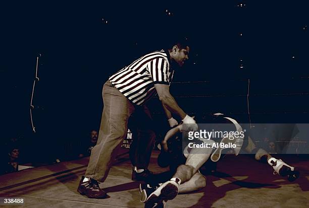 General view of referee and fighters in the ring during the Toughman Contest in Kalamazoo, Michigan. Mandatory Credit: Al Bello /Allsport