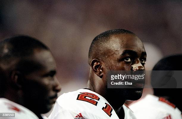 Cornerback Donnie Abraham of the Tampa Bay Buccaneers looks on during a game against the Minnesota Vikings at the Metrodome in Minneapolis,...