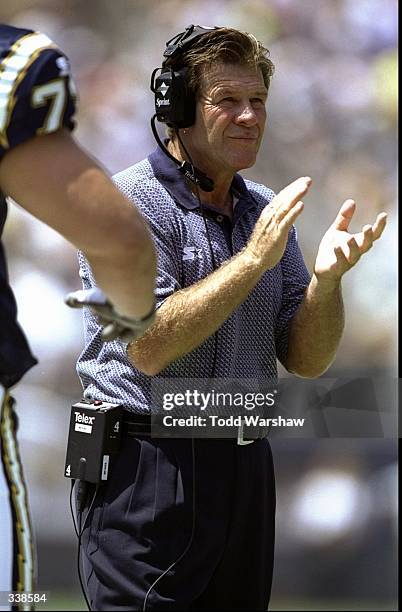 Offensive line coach Joe Bugel of the San Diego Chargers looks on during a game against the Buffalo Bills at Qualcomm Stadium in San Diego,...