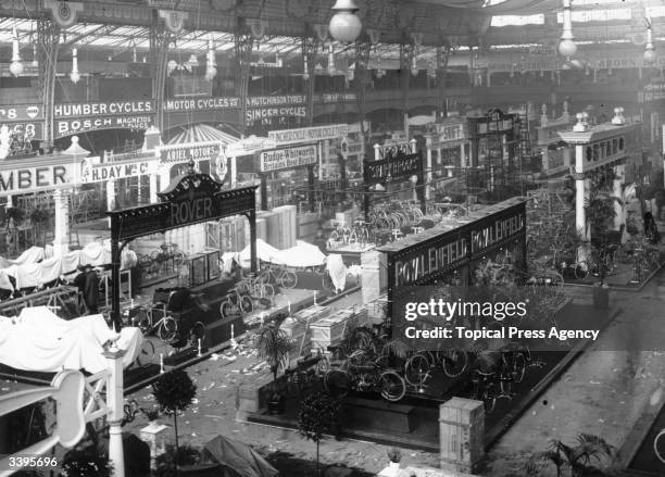 The exhibition hall, empty of visitors, following a day at the Motor Cycle Show at Olympia in London.