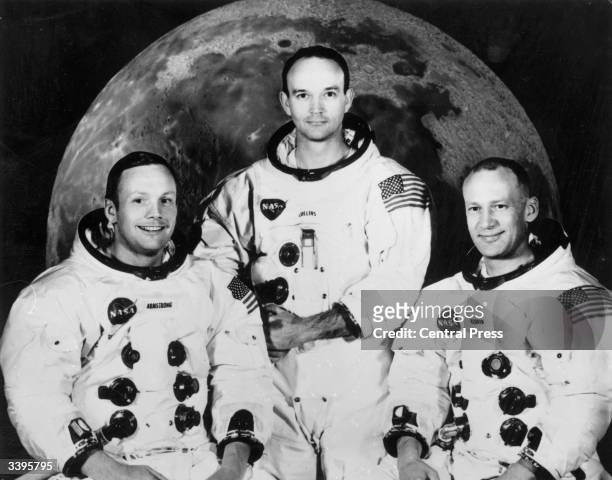 Crew of the Apollo 11 lunar landing mission Commander Neil Armstrong, command module pilot Michael Collins and lunar module pilot, Edwin Aldrin Jnr....