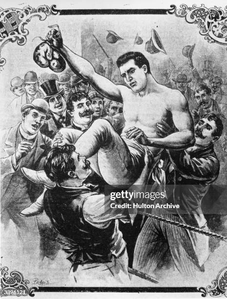 Boxer Jim Corbett is carried from the ring by supporters after victory over opponent Mitchell.