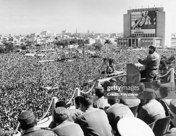 Cuban prime minister Fidel Castro making a speech in Jose Marti Revolution Square, Havana, at a military parade and rally.