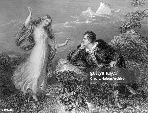 English Romantic poet George Gordon Noel Byron, known as Lord Byron being visited by his muse.