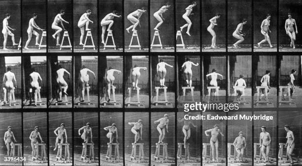 Photo-montage, by photographic pioneer Edweard Muybridge, of a woman performing acrobatics. Original Publication: From 'Animal Locomotion' - pub....