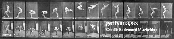 Photo-montage, by photographic pioneer Edweard Muybridge, of a man performing acrobatics. Original Publication: From 'Animal Locomotion' - pub. 1887.