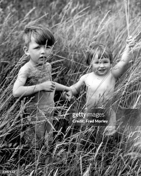 Two of the youngsters at the Woodford Bridge Garden Home of Dr Barnardo's go back to nature as they play in the undergrowth of long grass.