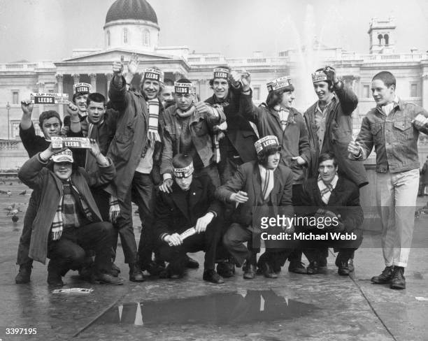 Group of Leeds United football fans in Trafalgar Square, London, before their team's FA Cup Final match against Chelsea at Wembley Stadium.