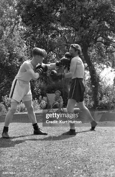 English actor John Mills sparring with a friend in his garden at his home in Denham village, England. In the background his wife playwright Mary...