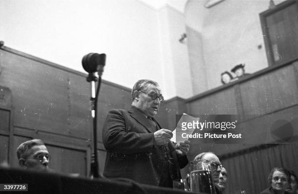 English statesman Ernest Bevin, , Foreign Secretary from 1945 to 1951, speaking at a conference of women war workers in the Transport & General...