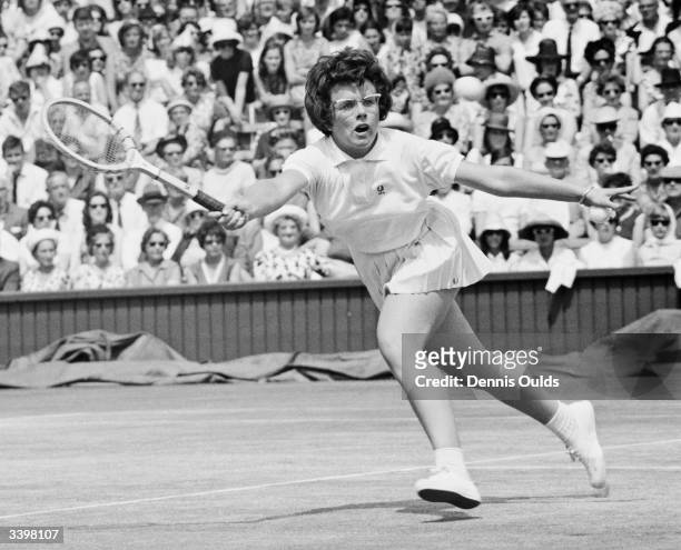 American tennis player Billie Jean Moffitt in action during a semi final in the women's singles championship at Wimbledon.