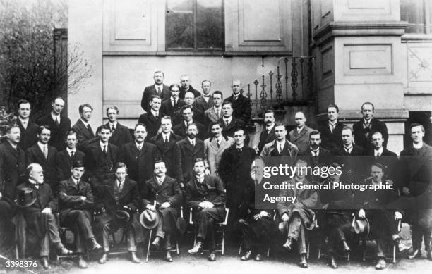 Sinn Fein leaders at the First Dail Eireann. Thirty-six elected members were in jail. Left to right: Front row - L Ginnell, Michael Collins, Cathal...