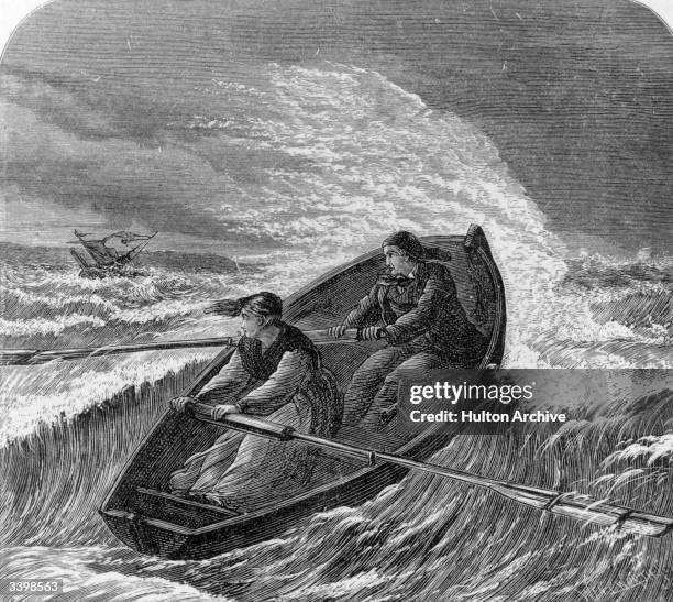 Grace Darling and her father, the Longstone lighthouse keeper in the Farne Islands, sailing to rescue passengers from a wrecked steamer in stormy...