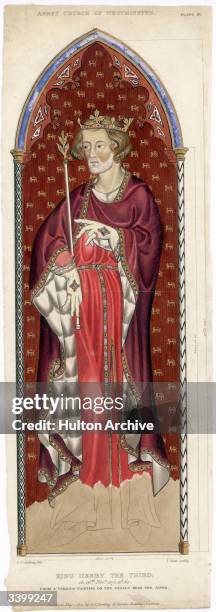 Henry III, King of England wearing a red gown and a crown.