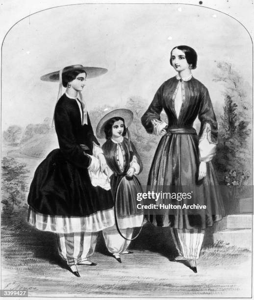 Amelia Jenks Bloomer, an American magazine editor who introduced the fashion for Bloomers, loose trousers gathered at the knee or ankle, they did not...