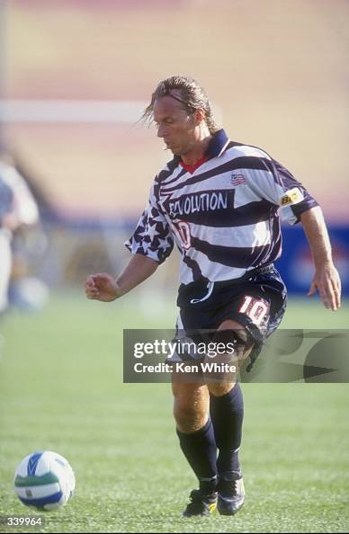 Edwin Gorter of the New England Revolution dribbles the ball during a game against the Los Angeles Galaxy at the Foxboro Stadium in Foxboro,...