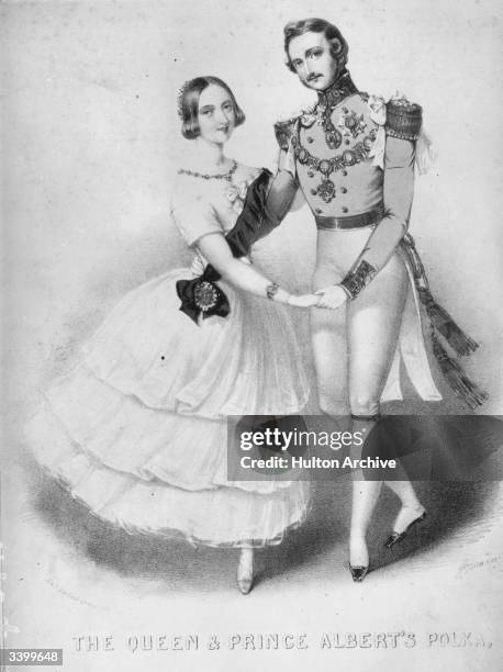 Victoria, queen of the United Kingdom of Great Britain and her husband Prince Albert of Saxe-Coburg-Gotha dancing a polka to music composed for them.
