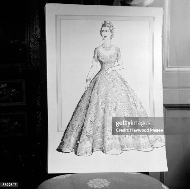 Norman Hartnell's design for the dress that will be worn by Queen Elizabeth II for her coronation. Embroidered on the white satin gown are the...