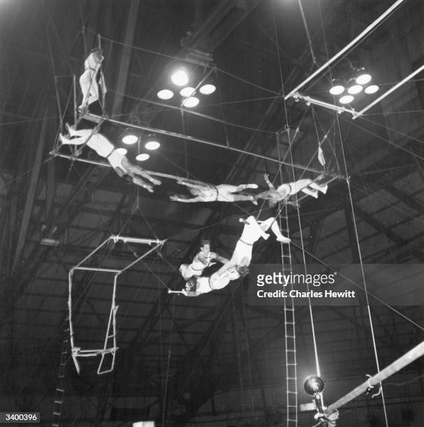 The 'Croneras' perform a daring routine seventy feet above the circus ring at Harringay using two fixed and two swinging trapezes. The routine has...