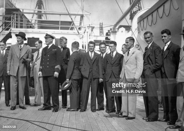 Members of the MCC cricket team aboard the liner 'Orontes' at Tilbury, en route for Australia Walter Hammond, Douglas Jardine , Brown, Bowes,...