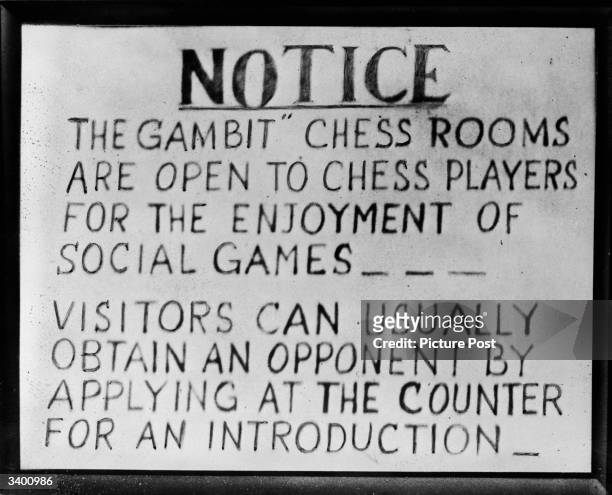 Notice in the Gambit restaurant in London, where customers play chess over lunch. Original Publication: Picture Post - 3057 - Chess For Lunch - pub....