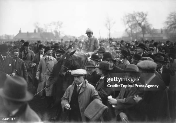 Tipperary Tim, winner of the 1928 Grand National, with jockey Bill Dutton up, returning to weigh in at Aintree, Liverpool.