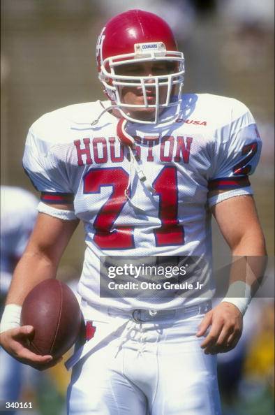 Tight end Scott Regimbald of the Houston Cougars looks on during a ...