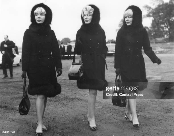 The Beverley Sisters, Teddie, Joy and Babs, at the funeral of singer Alma Cogan at Bushey Jewish Cemetery, Hertfordshire.
