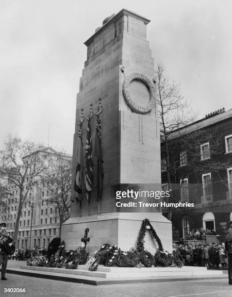 Wreaths at the foot of the Cenotaph in Whitehall, London, after an Anzac Day parade to commemorate the 50th anniversary of the landing at Gallipoli.
