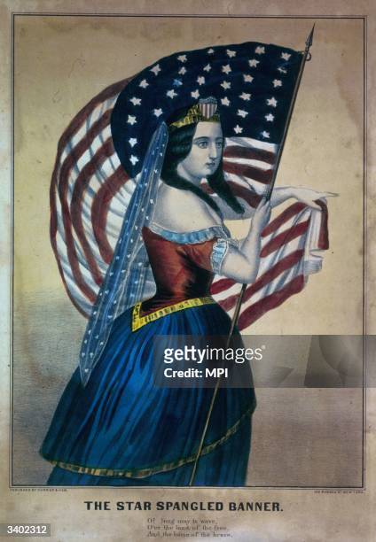 Symbolic representation of 'America' carrying the nations flag, the 'Star Spangled Banner', or 'Stars and Stripes'. Lithograph by Currier and Ives.