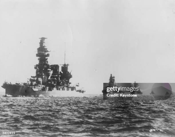 Japanese battleship squadron led by Battleship Fuso during manoeuvres off Malaya. Fuso and Kirisima were built at the beginning of the First World...