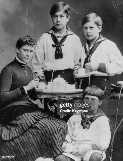 Princess Mary May of Teck, with her brothers, Prince Adolphus II, Marquis of Cambridge, Prince Francis and Prince Alexander George, 1st Earl of...