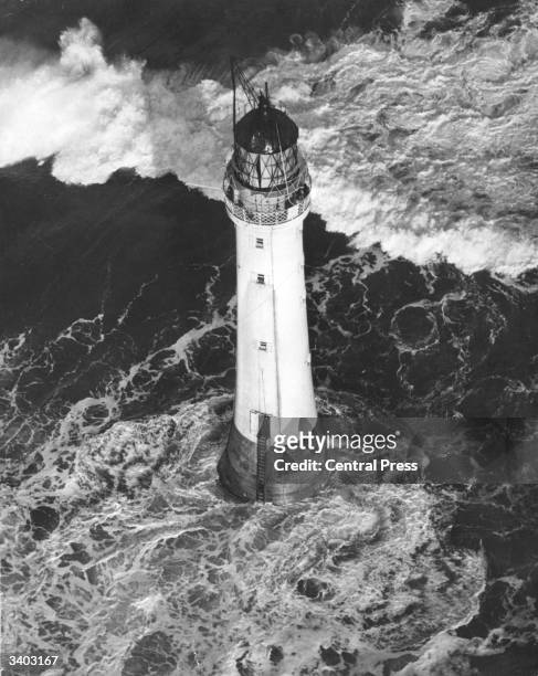Bell Rock lighthouse, near Arbroath, off the Angus Coast. The lighthouse, built between 1807 and 1810, stands on a sandstone reef which is submerged...