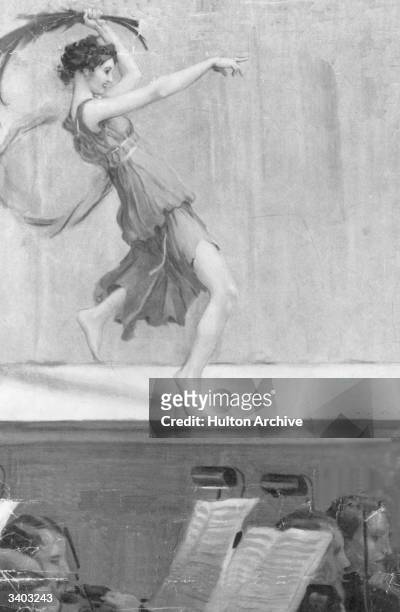 Isadora Duncan dancing on stage in Grecian dress. Original Artist - A F Gorguet