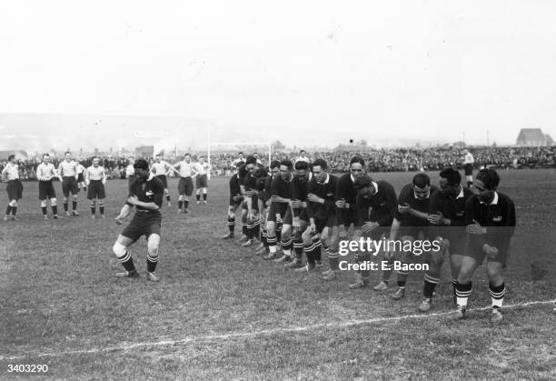 The New Zealand rugby team, the 'All Blacks', dancing the traditional 'Haka' war dance, before their first match against England, at Weston Super...