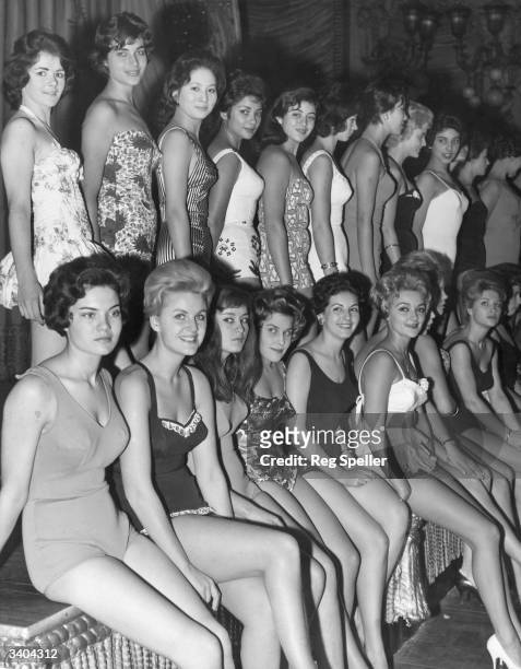 Contestants in the 1959 Miss World competition posing in their swimsuits at the Lyceum in London. Top row left to right - Ann Fitzpatrick , Ziva...