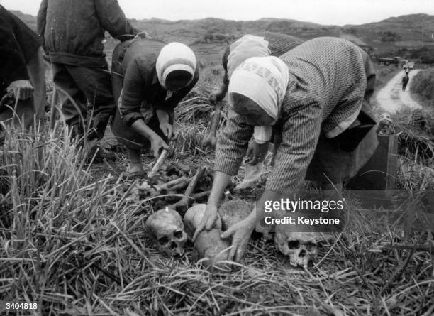 Okinawa women collecting the remains of some 20,000 soldiers killed in southern Okinawa during World War II. An estimated 190,000 Japanese and...